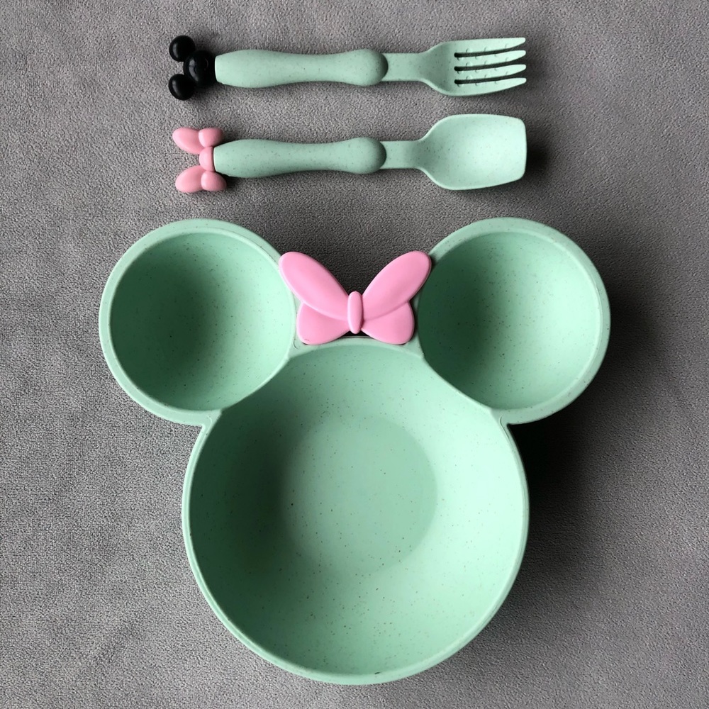 Minnie Mouse Bamboo Feeding Set ~ Green ~ Divided Dish, Fork & Spoon ~ Brand New